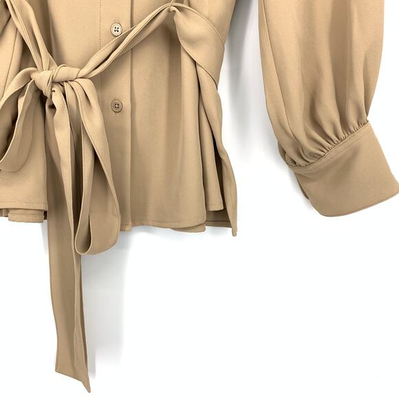 Banana Republic Button Front Blouse Womens Sz Large Tie Waist Long Sleeve Tan - Picture 4 of 6